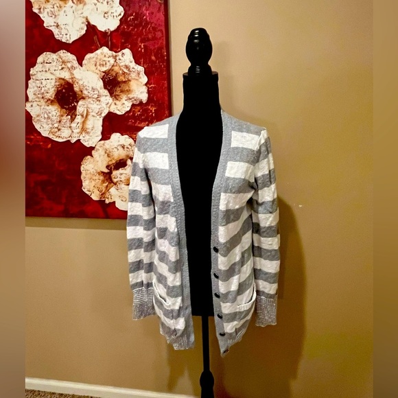PINK Victoria Secret Cardigan in bold Grey & White Stripes, Size: M - Picture 1 of 4